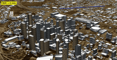 Aeolus simulation of a hypothetical denser-than-air gas release in an urban environment (Courtesy of Gowardhan, 2022).